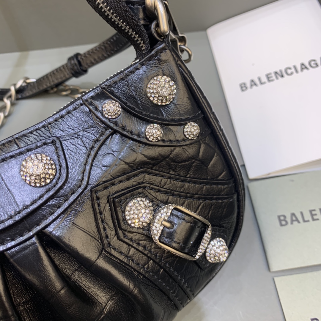 Balenciaga Le Cagole Mini Bag With Chain Crocodile Embossed Rhinestones Shoulder Bag Black 